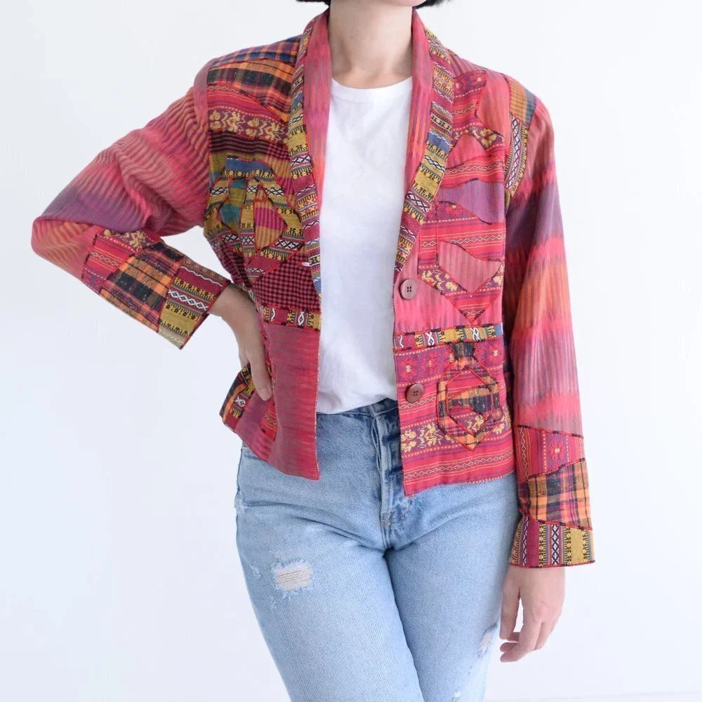 Vintage Sandy Starckman Women's Boho Pink Patchwork 2 Button Blazer Size Small